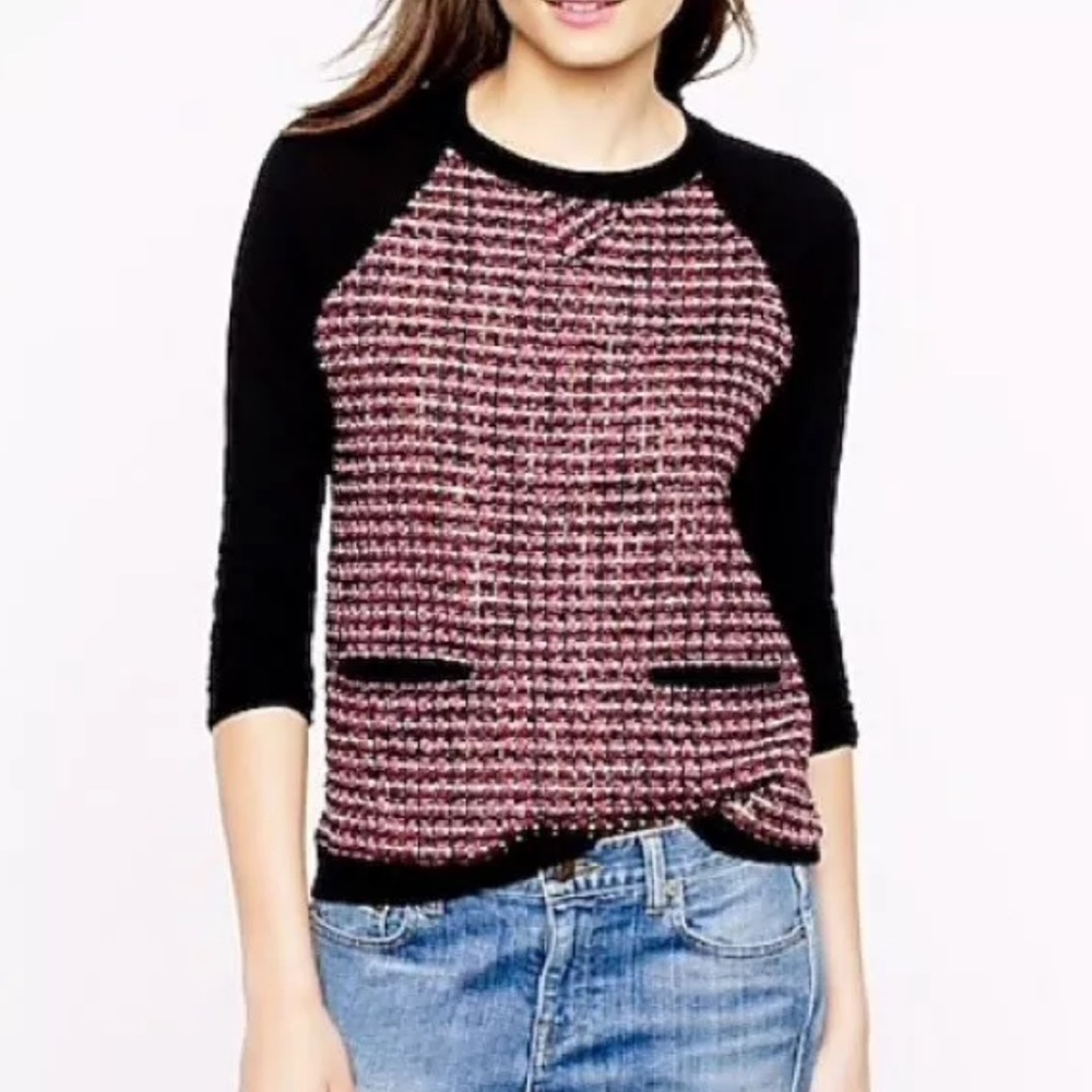 J. Crew Tweed Front Women's Black and Pink Textured Wool Sweater